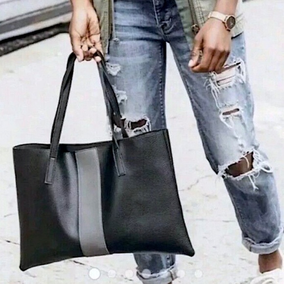 VINCE CAMUTO Luck Vegan Pebbled Leather Tote Bag w/Colorblock Stripe - Picture 2 of 13